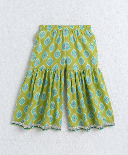 The Magic Wand Cotton Woven Frill Slevees Kurti with Flared Sharara Set- Green