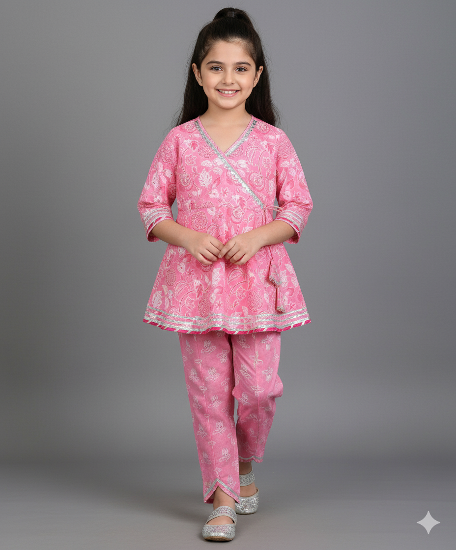 Cotton Woven Three Fourth Sleeves Floral Printed Kurti with Bottom Set- Pink