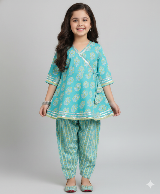 Cotton Woven Three Fourth Sleeves Floral Printed Kurti with Bottom Set- Mint