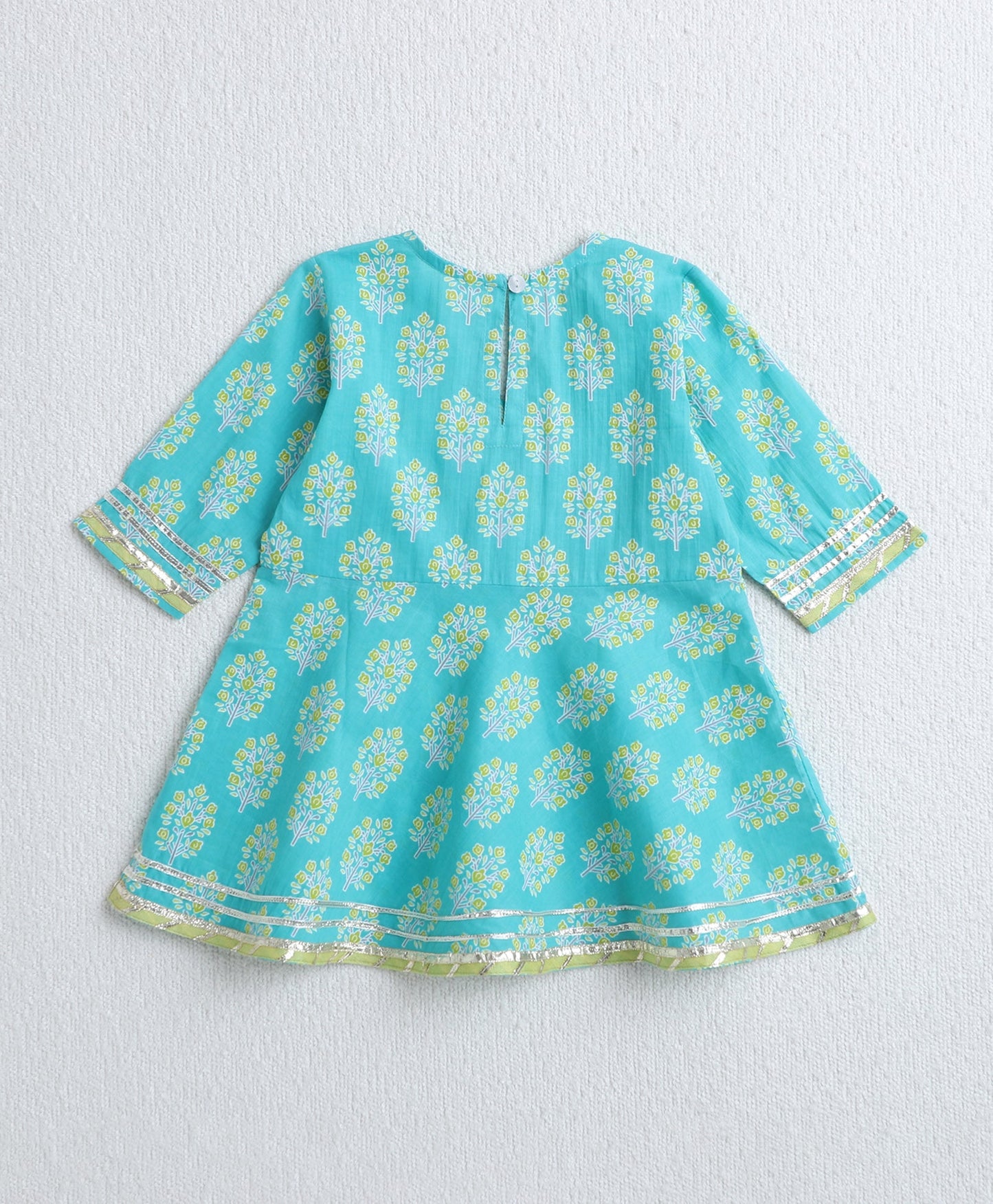 The Magic Wand Cotton Woven Three Fourth Sleeves Floral Printed Kurti with Bottom Set- Mint