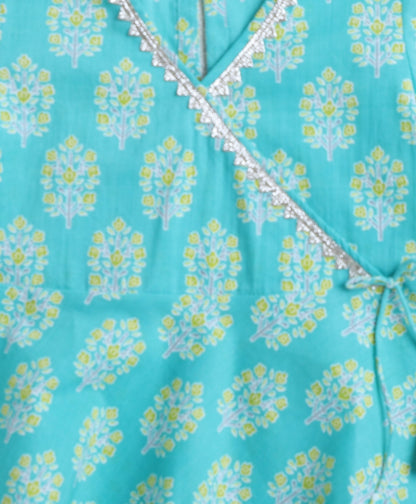 The Magic Wand Cotton Woven Three Fourth Sleeves Floral Printed Kurti with Bottom Set- Mint