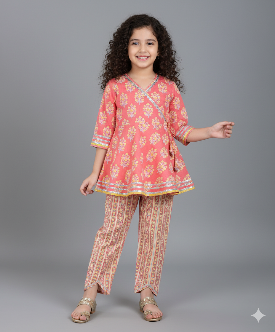 Cotton Woven Three Fourth Sleeves Floral Printed Kurti with Bottom Set- Peach