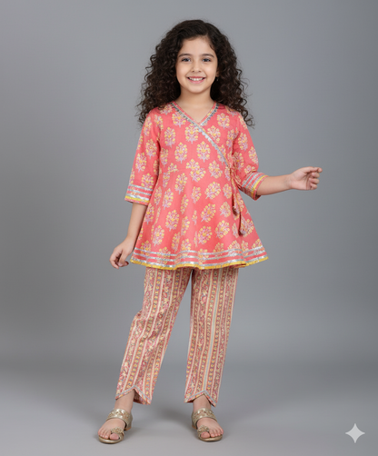 Cotton Woven Three Fourth Sleeves Floral Printed Kurti with Bottom Set- Peach