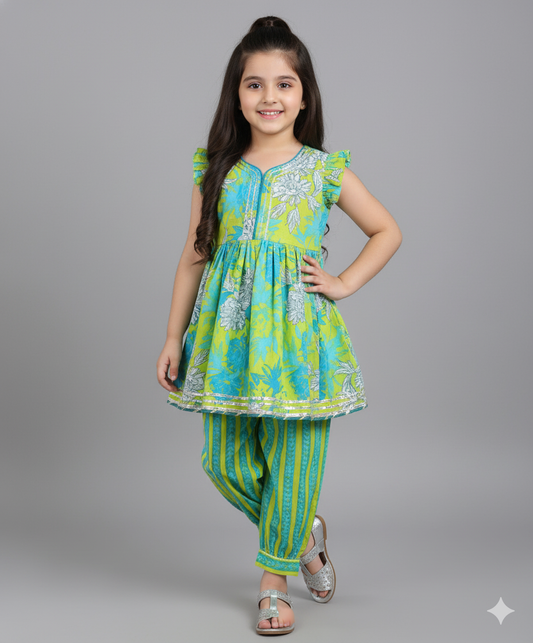 Cotton Woven Sleeveless Floral Printed Kurti with Balloon Pant Set- Green