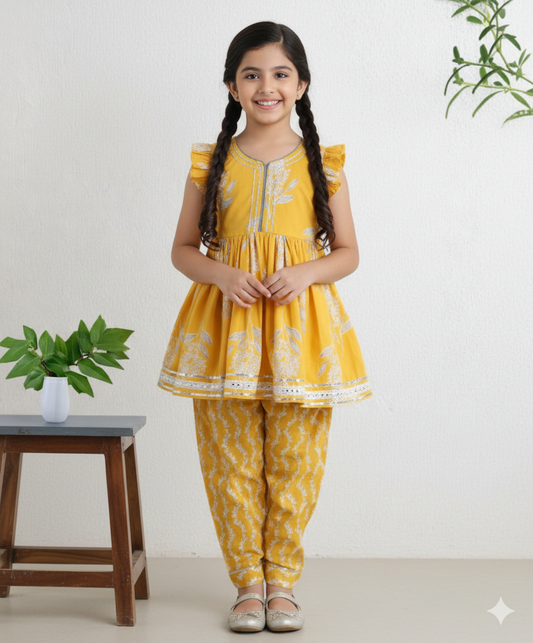 Cotton Woven Sleeveless Floral Printed Kurti with Balloon Pant Set- Yellow