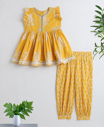 The Magic Wand Cotton Woven Sleeveless Floral Printed Kurti with Balloon Pant Set- Yellow
