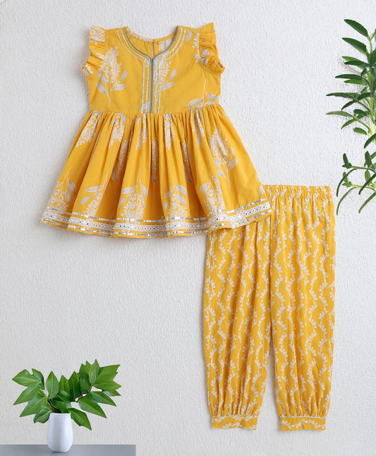 The Magic Wand Cotton Woven Sleeveless Floral Printed Kurti with Balloon Pant Set- Yellow