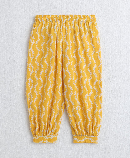 The Magic Wand Cotton Woven Sleeveless Floral Printed Kurti with Balloon Pant Set- Yellow