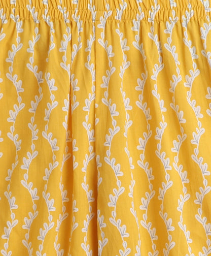 The Magic Wand Cotton Woven Sleeveless Floral Printed Kurti with Balloon Pant Set- Yellow