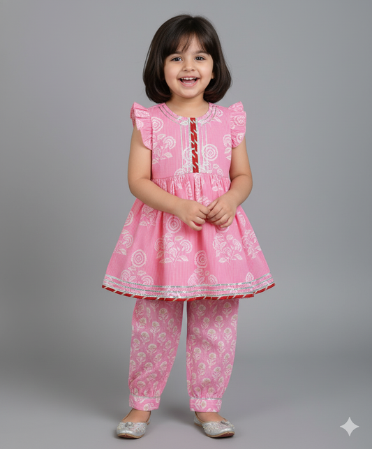 Cotton Woven Sleeveless Floral Printed Kurti with Balloon Pant Set- Peach