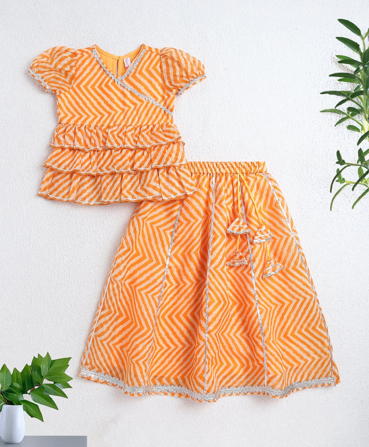 The Magic Wand Woven Puff Sleeves Leheriya Printed Choli and Lehenga Set- Orange
