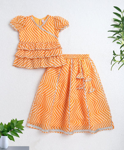 The Magic Wand Woven Puff Sleeves Leheriya Printed Choli and Lehenga Set- Orange