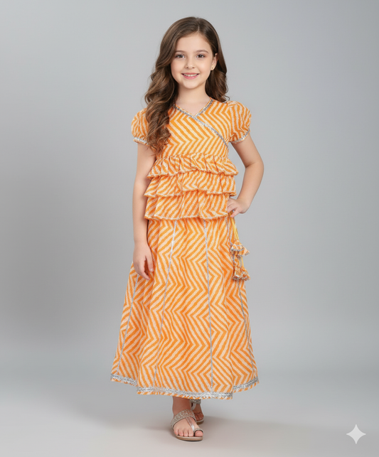 The Magic Wand Woven Puff Sleeves Leheriya Printed Choli and Lehenga Set- Orange
