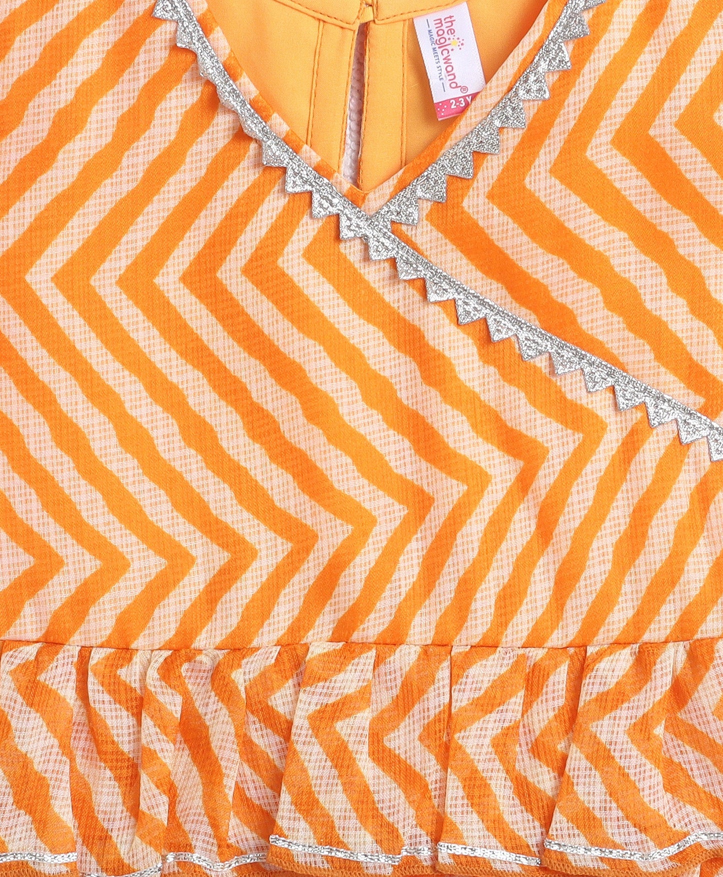 The Magic Wand Woven Puff Sleeves Leheriya Printed Choli and Lehenga Set- Orange