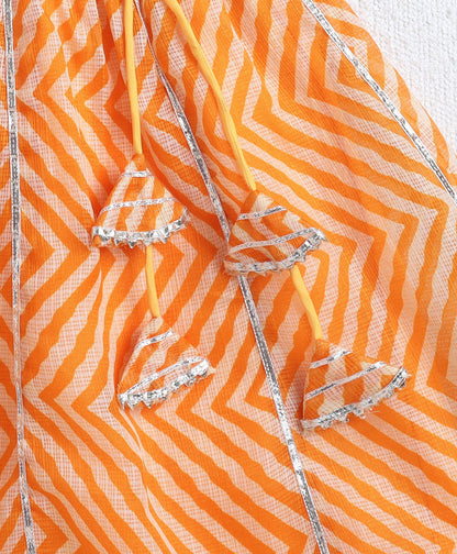 The Magic Wand Woven Puff Sleeves Leheriya Printed Choli and Lehenga Set- Orange