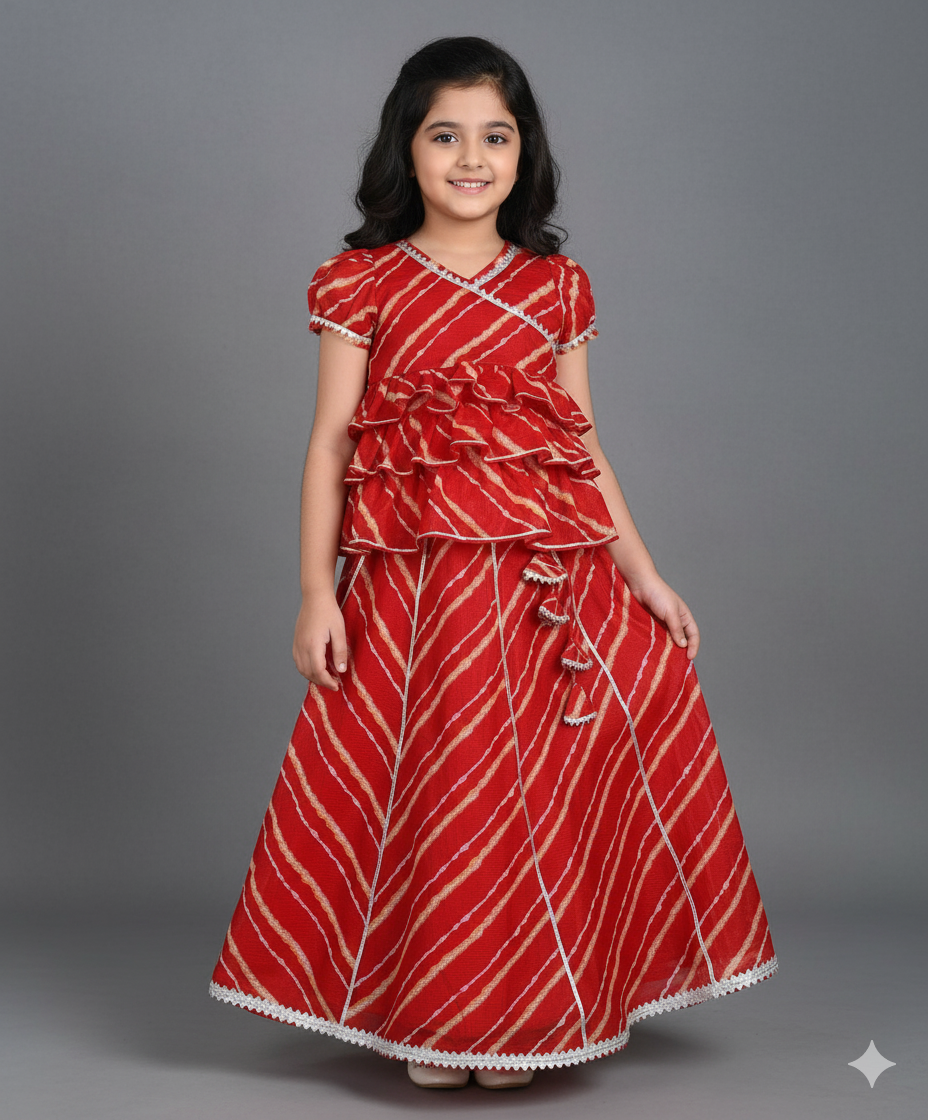 Woven Puff Sleeves Leheriya Printed Choli & Lehenga Set - Maroon