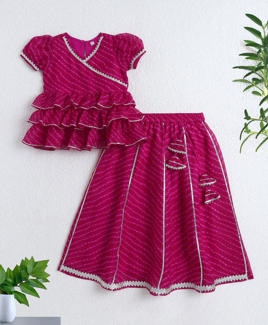 The Magic Wand Woven Puff Sleeves Leheriya Printed Choli & Lehenga Set - Fuchsia