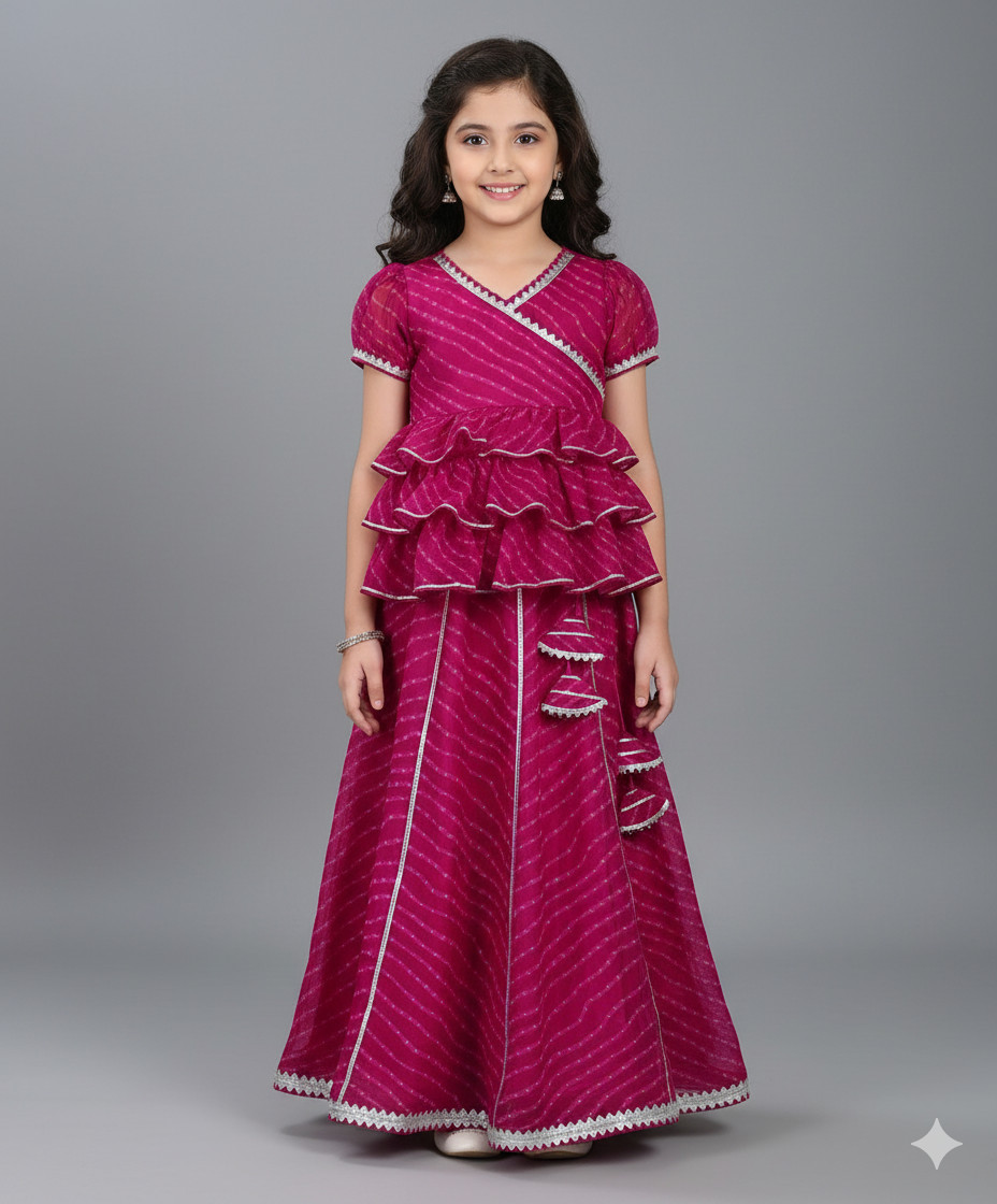 Woven Puff Sleeves Leheriya Printed Choli & Lehenga Set - Fuchsia