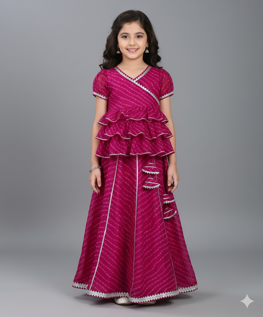 Woven Puff Sleeves Leheriya Printed Choli & Lehenga Set - Fuchsia