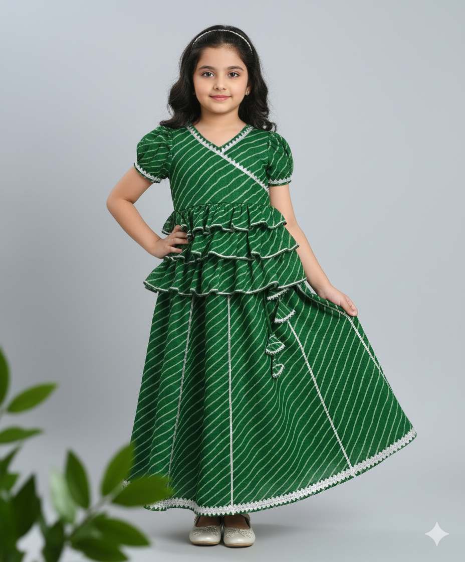 Woven Puff Sleeves Leheriya Printed Choli & Lehenga Set - Green