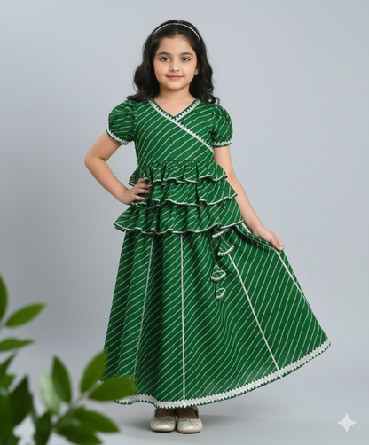 Woven Puff Sleeves Leheriya Printed Choli & Lehenga Set - Green