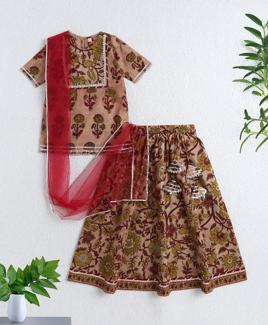 The Magic Wand Cotton Woven Elbow Sleeves Floral printed Lace Detailed Kurti & Lehenga Set with Dupatta- Mustard