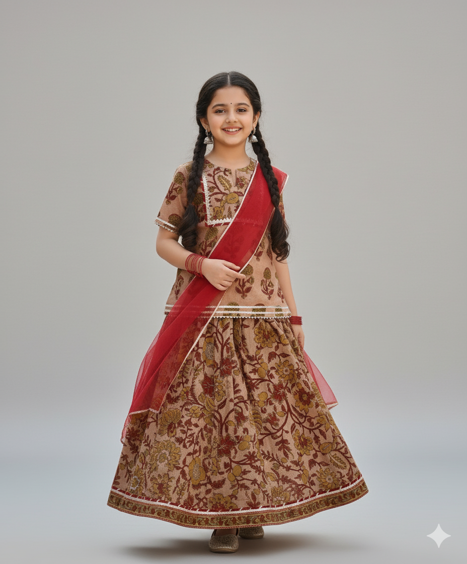 Cotton Woven Elbow Sleeves Floral printed Lace Detailed Kurti & Lehenga Set with Dupatta- Mustard
