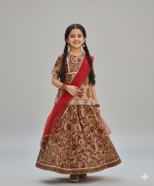 Cotton Woven Elbow Sleeves Floral printed Lace Detailed Kurti & Lehenga Set with Dupatta- Mustard