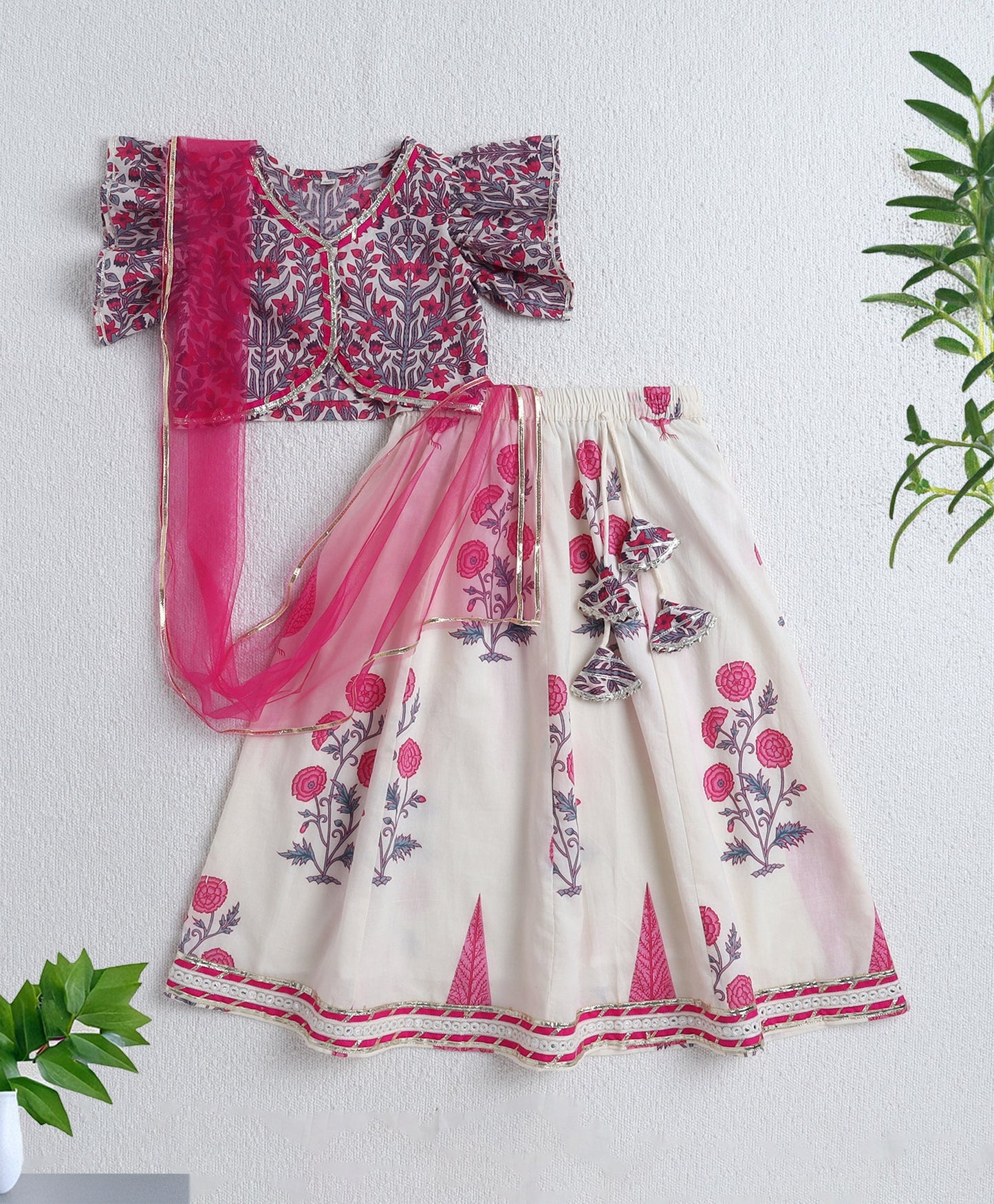 The Magic Wand Cotton Woven Ruffle Sleeves Floral Printed Choli and Lehenga Set with Dupatta - Fuchsia