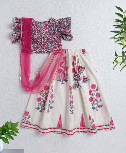 The Magic Wand Cotton Woven Ruffle Sleeves Floral Printed Choli and Lehenga Set with Dupatta - Fuchsia