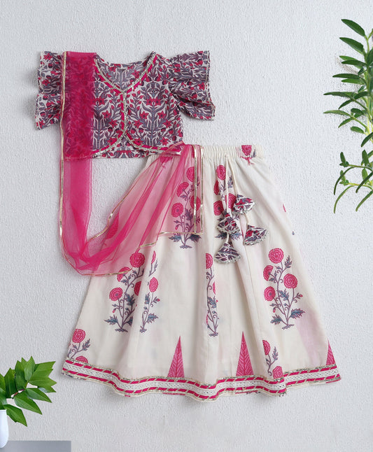 The Magic Wand Cotton Woven Ruffle Sleeves Floral Printed Choli and Lehenga Set with Dupatta - Fuchsia