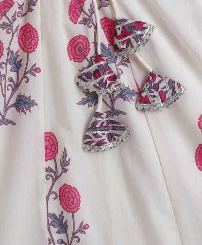 The Magic Wand Cotton Woven Ruffle Sleeves Floral Printed Choli and Lehenga Set with Dupatta - Fuchsia