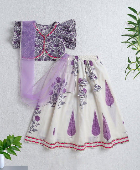 The Magic Wand Cotton Woven Ruffle Sleeves Floral Printed Choli and Lehenga Set with Dupatta - Purple