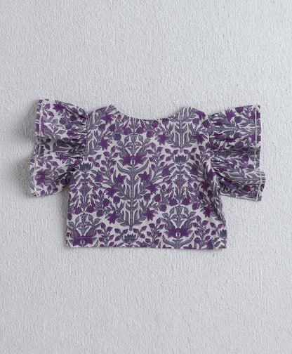 The Magic Wand Cotton Woven Ruffle Sleeves Floral Printed Choli and Lehenga Set with Dupatta - Purple