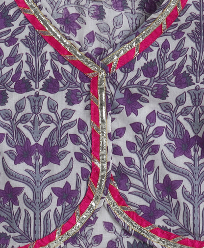 The Magic Wand Cotton Woven Ruffle Sleeves Floral Printed Choli and Lehenga Set with Dupatta - Purple