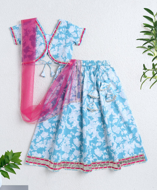 The Magic Wand Cotton Woven Half Sleeves Floral Printed Choli & Lehenga Set- Blue