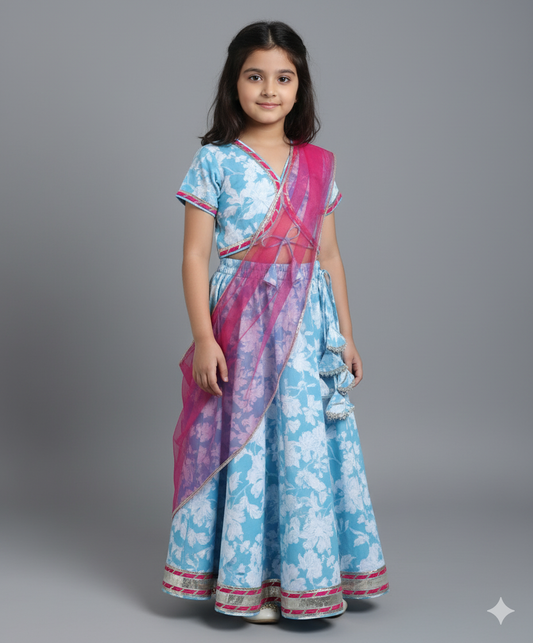 Cotton Woven Half Sleeves Floral Printed Choli & Lehenga Set- Blue