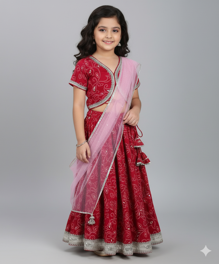 Cotton Woven Half Sleeves Bandhani Printed Choli & Lehenga Set- Fuchsia