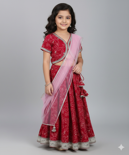 Cotton Woven Half Sleeves Bandhani Printed Choli & Lehenga Set- Fuchsia