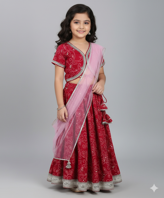 Cotton Woven Half Sleeves Bandhani Printed Choli & Lehenga Set- Fuchsia