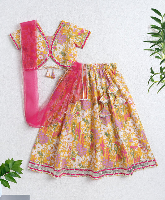 The Magic Wand Cotton Woven Half Sleeves Bandhani Printed Choli & Lehenga Set- Mustard
