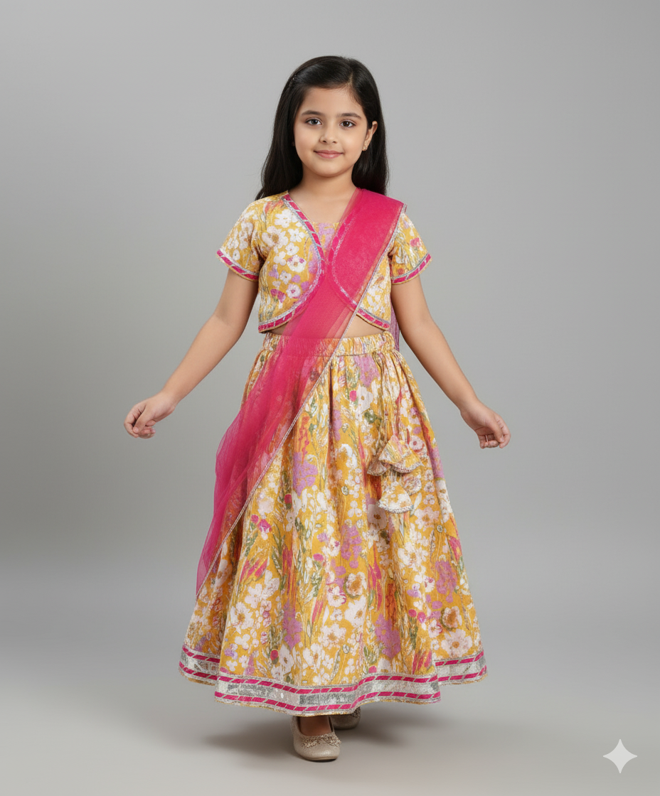 Cotton Woven Half Sleeves Bandhani Printed Choli & Lehenga Set- Mustard