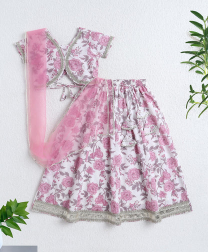 The Magic Wand Cotton Woven Half Sleeves Bandhani Printed Choli & Lehenga Set- Pink