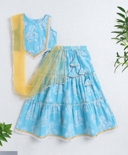 The Magic Wand Cotton Woven Sleveless Floral printed Lace Detailed Choli & Lehenga Set with Dupatta- Blue