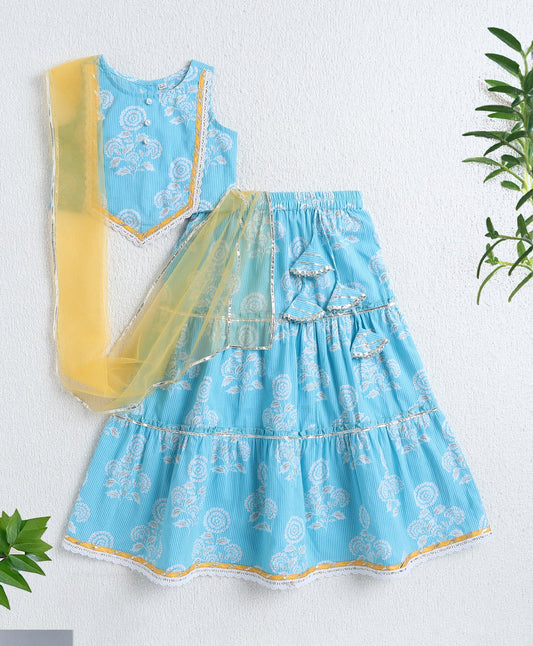 The Magic Wand Cotton Woven Sleveless Floral printed Lace Detailed Choli & Lehenga Set with Dupatta- Blue