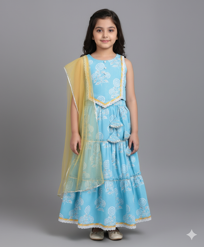 Cotton Woven Sleveless Floral printed Lace Detailed Choli & Lehenga Set with Dupatta- Blue