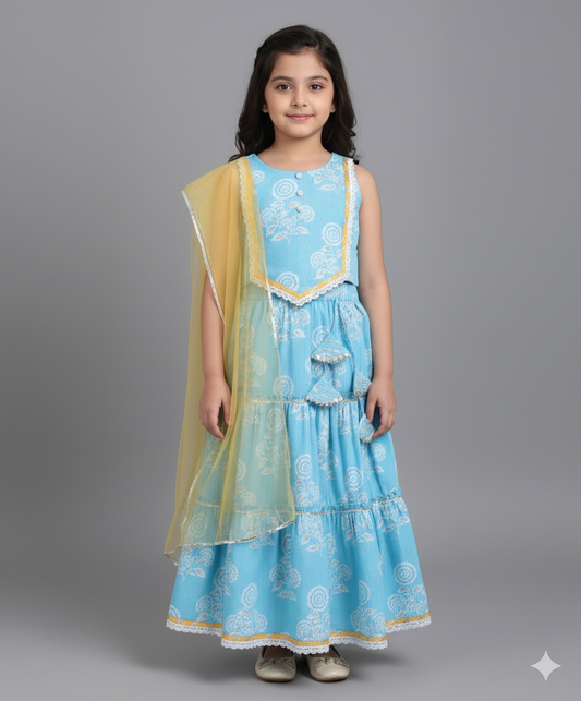 Cotton Woven Sleveless Floral printed Lace Detailed Choli & Lehenga Set with Dupatta- Blue
