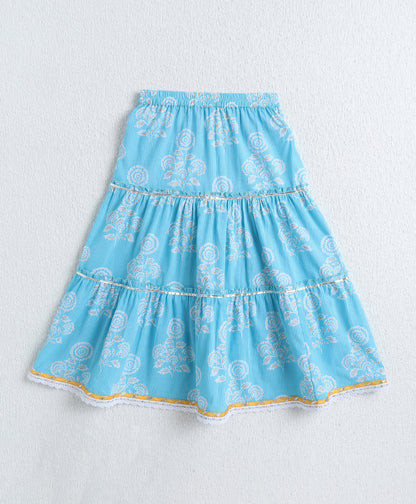 The Magic Wand Cotton Woven Sleveless Floral printed Lace Detailed Choli & Lehenga Set with Dupatta- Blue