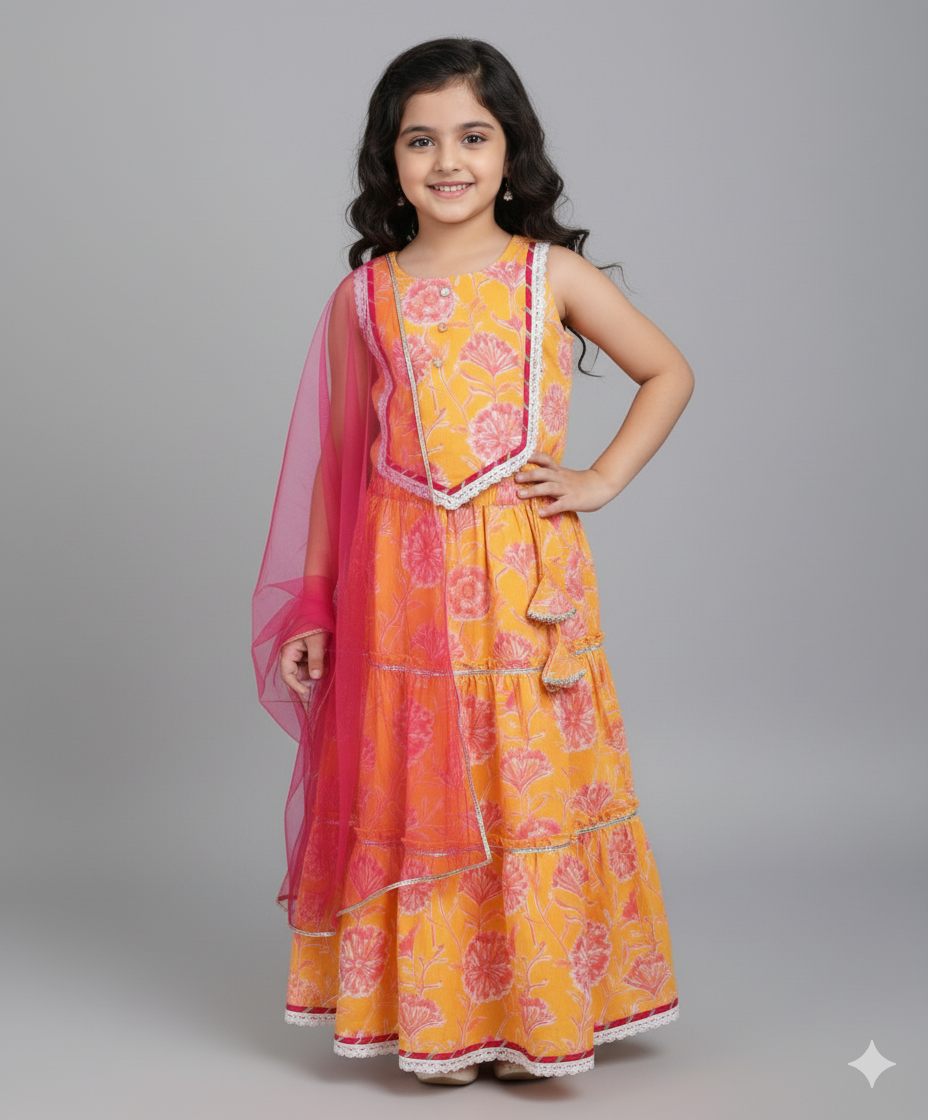 Cotton Woven Sleveless Floral printed Lace Detailed Choli & Lehenga Set with Dupatta- Yellow
