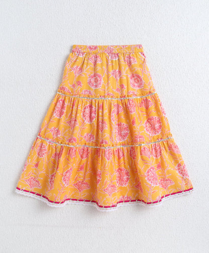 The Magic Wand Cotton Woven Sleveless Floral printed Lace Detailed Choli & Lehenga Set with Dupatta- Yellow